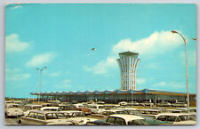 A903 Beautiful Robert Mueller Airport View Old Cars Control Tower Vtg Postcard picture