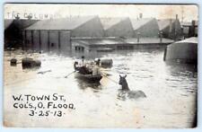 1913 COLUMBUS OHIO W TOWN STREET FLOOD SCENE ROWBOAT HORSE BARRELS BUILDINGS picture