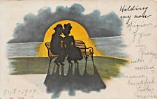 HOLDING MY OWN~ROMANTIC SILHOUETTED COUPLE-MOONLIGHT BENCH~1907 PSTMK POSTCARD picture