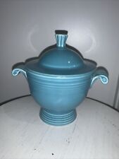 Vintage Fiesta Ware Turquoise Teal Blue Footed Sugar Bowl With Lid SMALL CHIPS picture