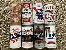 LOT OF 8 VINTAGE INTACT EMPTY UNOPENED BEER CAN CANS POINT PABST BIG CAT DREWRYS picture