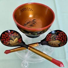 3 Piece Russian Wooden Khokhloma Folk Art Bowl Spoons Hand Painted Wood Set USSR picture