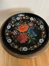 Large Vintage Mexican Batea Wooden Bowl Folk Art Hand Painted Flowers 19 1/2