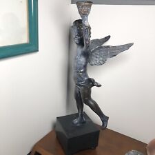 16 “ Heavy Bronze Metal Candle Holder Cherub Cupid Winged Angel ~ 7.2 LBS. picture