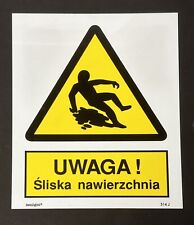 Vtg 90s UWAGA Slippery Surface Polish Plastic Warning Sign 10.8x8.8”  275x225mm picture