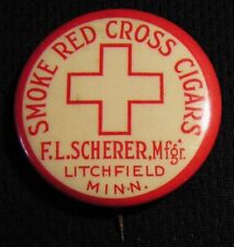 RARE ANTIQUE RED CROSS CIGARS ADVERTISING PIN - F.L. SCHERER - LITCHFIELD MN picture