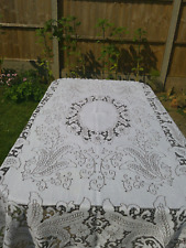 Vintage White Brown Stitched Cutout Tablecloth Large Rectangle 86 inch x 50 inch picture