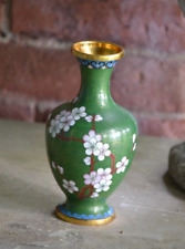Vintage Chinese Metal Cloisonné Vase Green Flower and Birds  picture