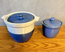 (2) Vintage Stoneware Pottery Jars w Lids Blue White Rustic Farmhouse Decor picture