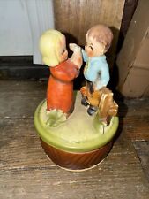 SANKYO Japan Music Box With Ceramic Rotating Boy And Girl With Bird Vintage picture