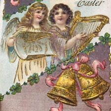 Vintage 1900s Happy Easter Angels Playing Harp Bells Golden Paint Postcard picture