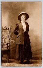 RPPC Lovely Woman Big Hat Studio Antique Chair Victorian Era Photo Postcard picture