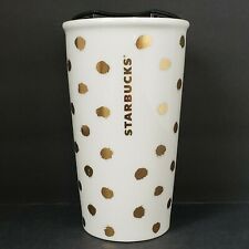 Starbucks 2014 Travel Tumbler Coffee Mug 10 oz. Gold Polka Dots picture