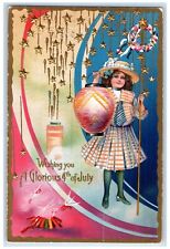c1910's Fourth Of July Girl Holding Lantern Firecracker Stars Embossed Postcard picture