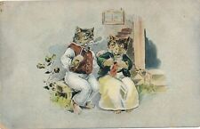 Two Dressed Up Cats Sitting On Bench Postcard picture