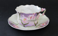 Antique cup & saucer 1800s, very rare, raised pink snowdrops, French or German picture