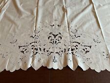 EXQUISITE VTG WHITE COTTON TWIN TOP SHEET w CUTWORK & BLUE EMBROIDERY 75