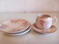 Aveiro Ibis Portugal Hand Painted Demitasse Mini Cup Saucer & 2 Plates Pink Rose picture