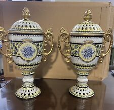 2 19thCentury Gilded Reticular Urns German Or Italian 18.5” Porcelain Mint picture