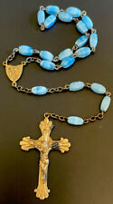 Vintage Catholic Striated Czech Blue Glass Chaplet Gold Tone Crucifix picture