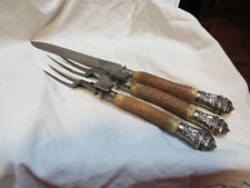 Antique English Sterling Harrison Howson Ram Head 3 Pc. Stag Handles Carving Set picture