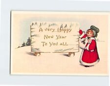 Postcard A Very Happy New Year To You All Girl with Gift Winter Scene picture