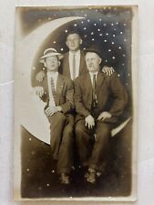 RPPC Crescent Moon Postcard With Three Men, Two Smoking Cigarettes, Unposted picture