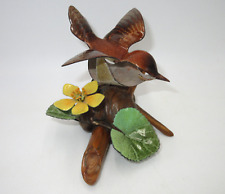 Vtg Norman Brumm signed Enamel on Copper Bird & Flower Figurine Burl Wood Base picture