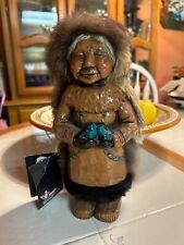 Vintage Kiana Alaskan Eskimo Doll Figurine Wood Crone with Rabbit Fur Headdress picture