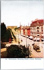 VINTAGE POSTCARD TROLLEY SCENE AT CHRISTIANIA (OSLO) & ROYAL PALACE NORWAY 1910s picture