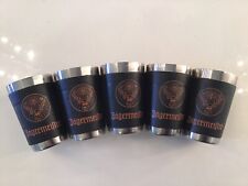 5 Lot Jagermeister Shot Glasses Stainless Steel Black Vinyl Faux Leather VGC picture