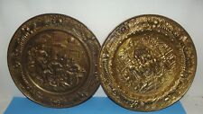 Vintage lot of 2 Brass Wall Art Plaques Plates YE OLDE People in Bar Men Horses picture