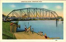 Cheboygan, MI Michigan  BRIDGE & SWIMMERS  Cheboygan River  ca1940's Postcard picture