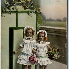 c1900s Adorable Blonde Little Girls RPPC Cute Flower Kids Gel Real Photo PC A136 picture