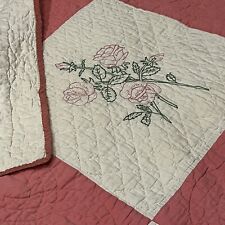 Vtg Quilt Embroidered Pink Roses Floral All Hand Quilted Hand Stitched 71x92 picture