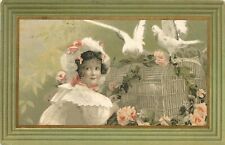 c1908 French Postcard; Pretty Girl in White, Doves on Birdcage, Roses, Kopal 654 picture