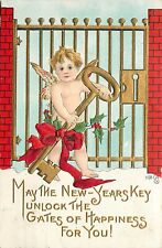 c1910 H.B.G. New Year Postcard 2266 Cherub w/ Key to Gates of Happiness Unposted picture