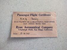VINTAGE 1935 RYAN AERONAUTICAL CO. PASSENGER FLIGHT CERTIFICATE CARD SAN DIEGO picture
