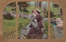 Romance Love Couple Sitting Together Hugging Kissing Rock Vintage 1900s Postcard picture
