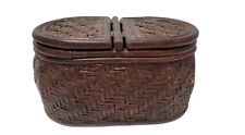 Oval Handwoven Wicker Utility  Basket Box w/  Dual Lid Dark Brown-Vintage RARE picture