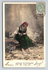 c1905 RPPC Young French Girl Buissonniere School Flowers Hand Colored Postcard picture