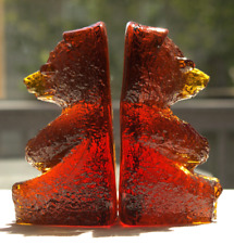 Set of Two Vintage BLENKO Glass Amber Bear BOOKENDS Heavy Large 5.5