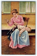 1908 Mother Stitching Pants Repaired While You Wait Interlaken NY Postcard picture