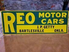 NEW OLD STOCK NOS EMBOSSED REO MOTOR CARS BARTLESVILLE OKLA DESPERATE METAL SIGN picture