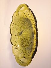 Vintage Indiana Glass Depressed Embossed Green Sunflower Oval Handle Relish Dish picture