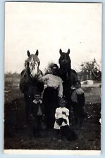 c1910's Postcard RPPC Photo Mother And Childrens Horses Scene Field Antique picture