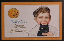 Mint USA Picture Postcard Child Smiling Black Cat Carved Pumpkin Lucky Halloween picture