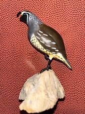 Vintage Carved Wood Quail Standing 1 leg on Driftwood Figurine Hand Painted picture