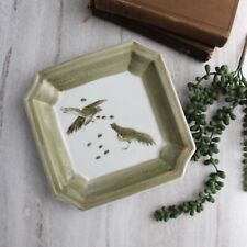 Vintage Green Porcelain Pheasant Plate, Decorative Square Dish. picture