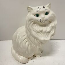 Vintage Ceramic Persian Cat Kitty MCM Statue Figurine Hand Painted Green Eyes picture